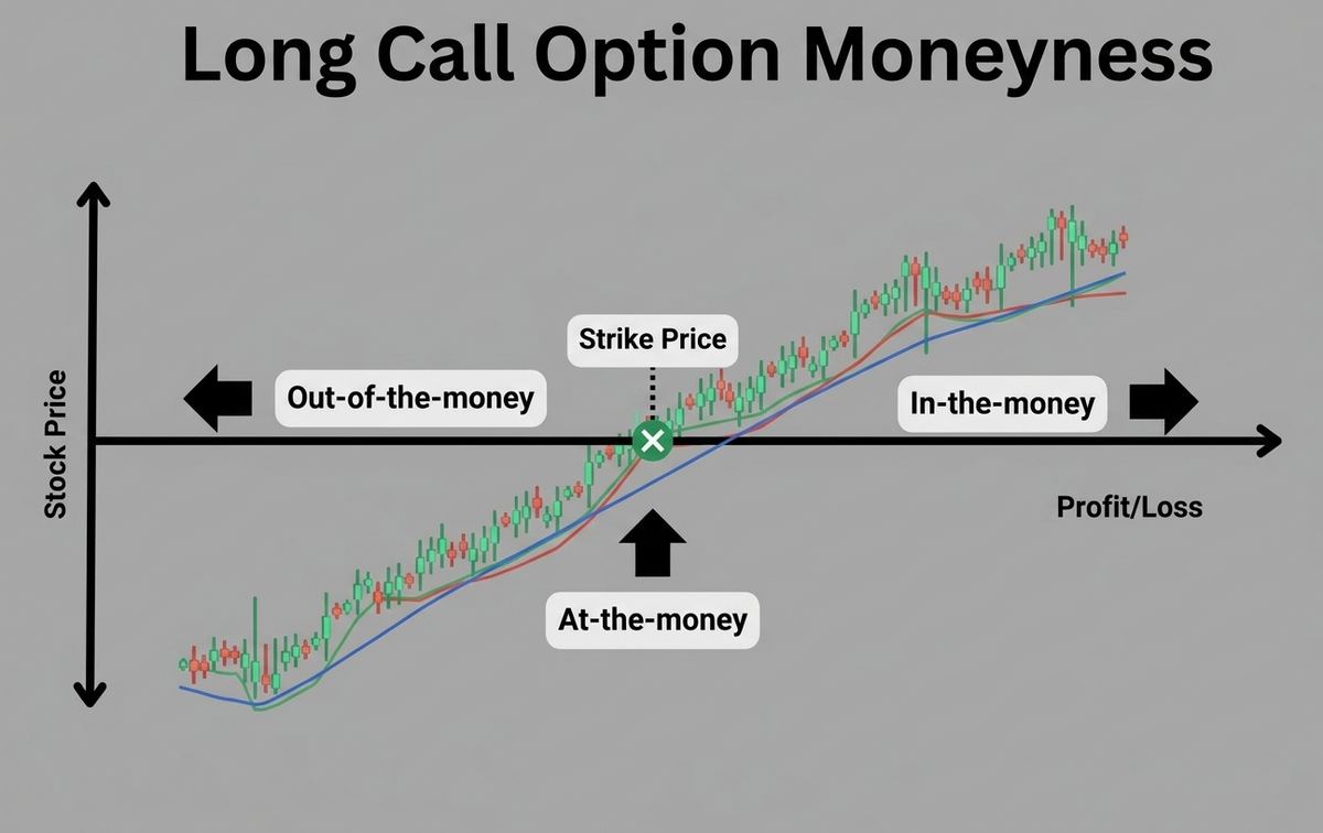 Call option moneyness chart: out-of-the-money left of strike, at-the-money near strike, in-the-money right of strike
