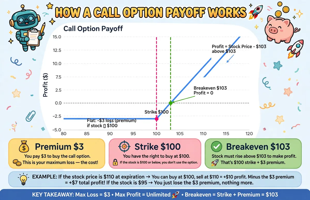 Long call payoff diagram showing loss limited to premium and profit rising above strike
