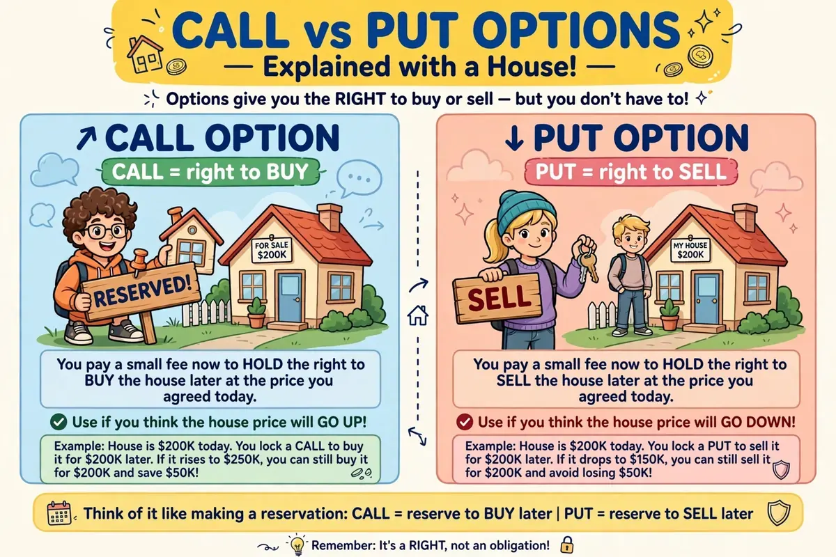 House analogy comparing a call option (right to buy) and a put option (right to sell)