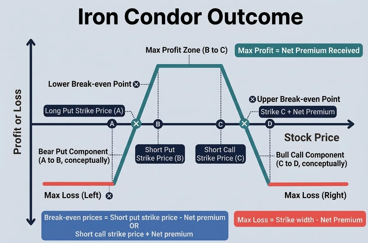 Iron condor payoff diagram showing max profit between short strikes B and C, break-evens, and defined max loss on both wings