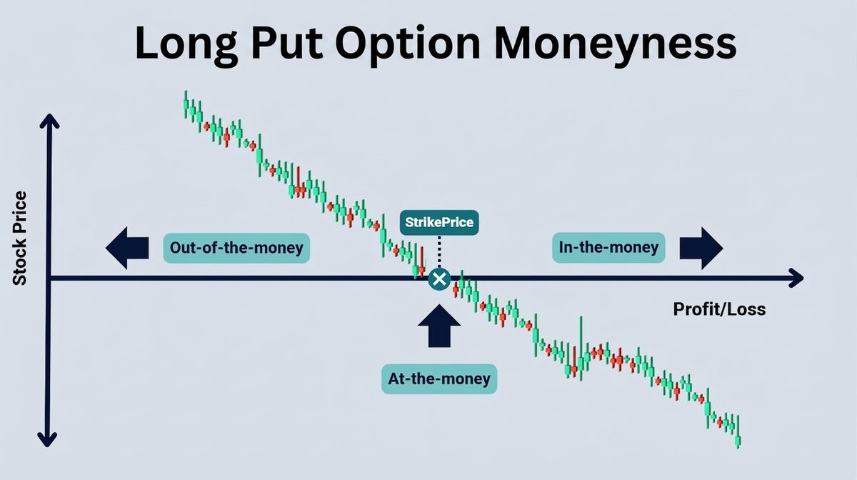Long put moneyness showing in-the-money, at-the-money and out-of-the-money