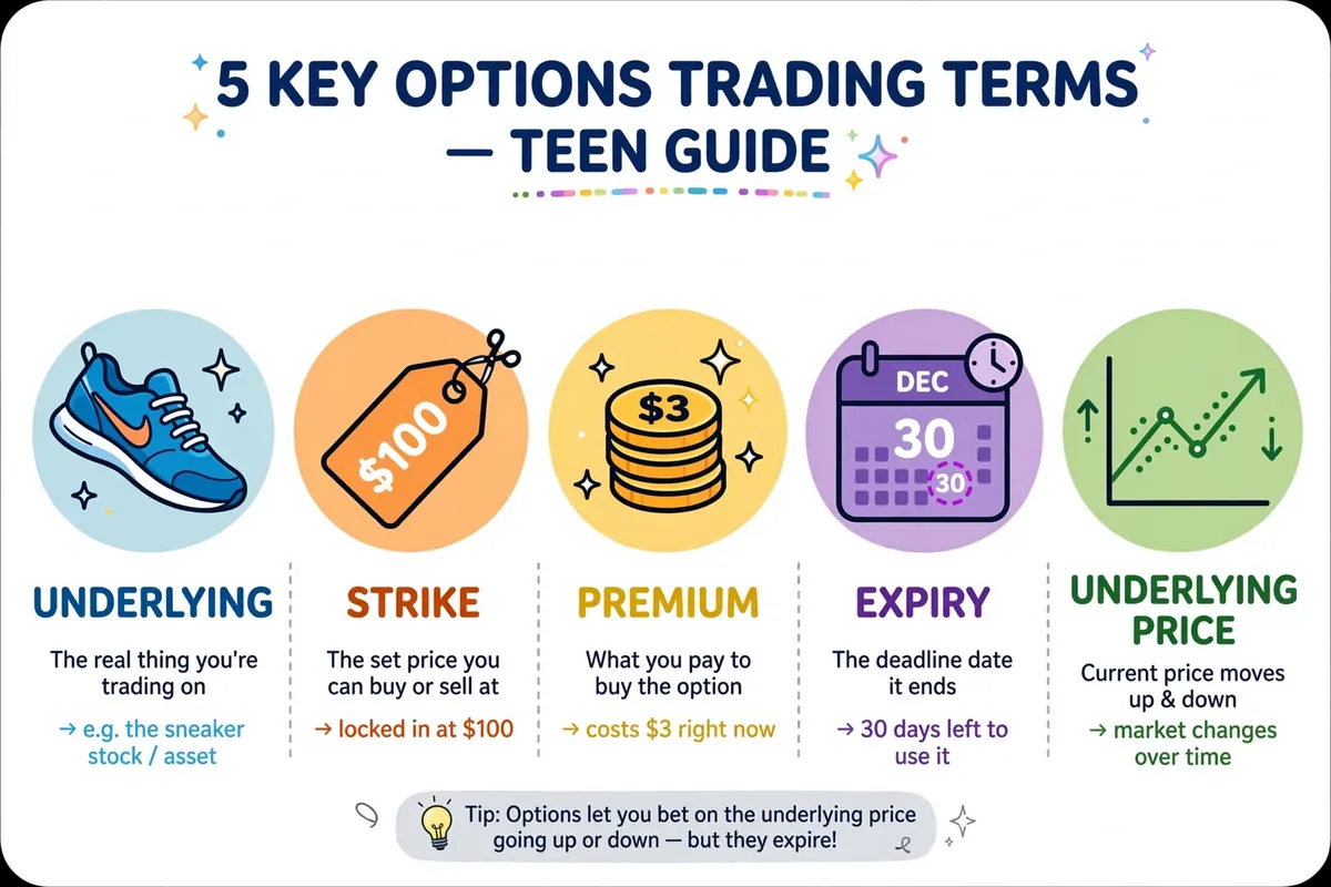 Options terms: underlying, strike, premium, expiry, call vs put
